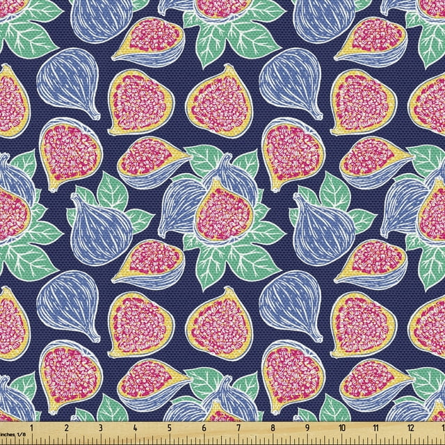 Ambesonne Fruit Fabric by the Yard Upholstery, Ripe Figs and Leaves Motif, 3 Yards, Dark Blue Multicolor