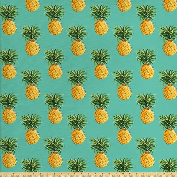 Fruit Fabric by the Yard Upholstery, Tropical Pineapples and Leaves Exotic Hawaiian Cuisine Vintage Design, Decorative Fabric for DIY and Home Accents, Turquoise Yellow by Ambesonne