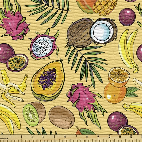 Fruit Fabric by the Yard, Various Tropical Fruits Kiwi Mango Papaya Coconut Juicy Tropical Summer Food, Decorative Upholstery Fabric for Sofas and Home Accents, Multicolor by Ambesonne