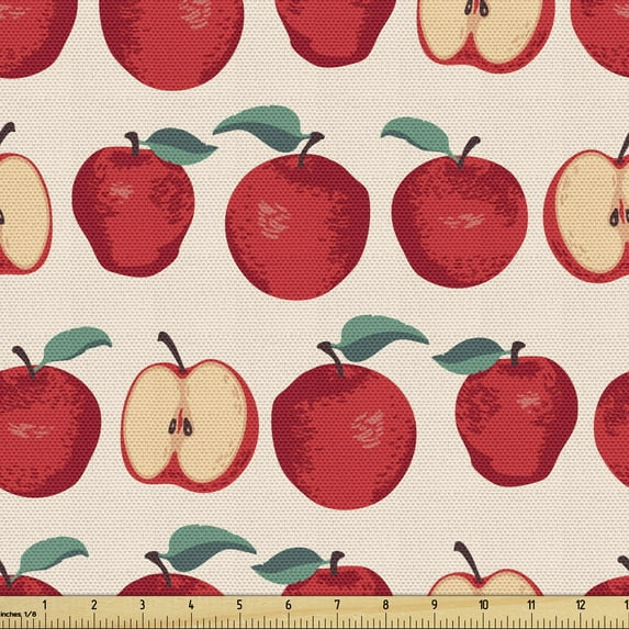 Ambesonne Fruit Fabric by the Yard Upholstery, Whole and Half Sliced Apples, 3 Yards, Pale Eggshell Multicolor