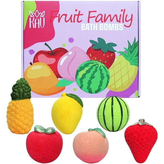 Fruit Family Bath Bomb Set, Extra Large Bath Bombs for Women Men Kids, 6 Fruit Shaped Bath bombs Giftset, Bath Fizzies Skin Safe, Natural Bath bomb Fruit Scented for Gifts