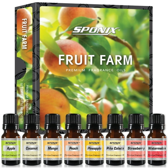 Fruit Farm Fragrance Oils 8 X 10 ml (0.33 Oz) 100% Pure - Peach, Coconut, Mango, Pia Colada, Apple, Strawberry, Pineapple, Watermelon Essentials Gift Set of 8 by Sponix 8 Pack