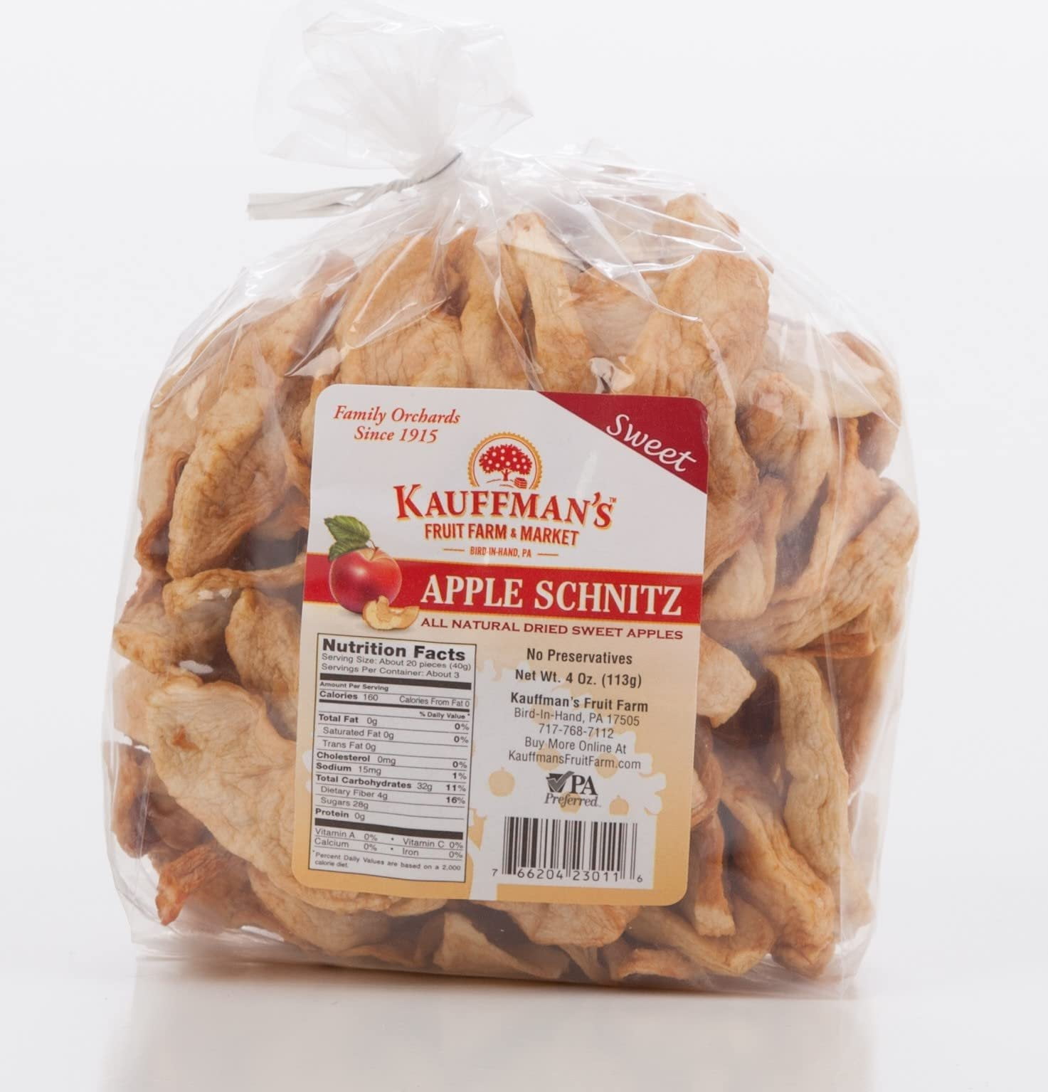 Fruit Farm Kauffman Orchards Homemade Sweet Apple Schnitz Dried Apples, Chewy, Sweet, and Delicious, 4 Oz. Pack of 3