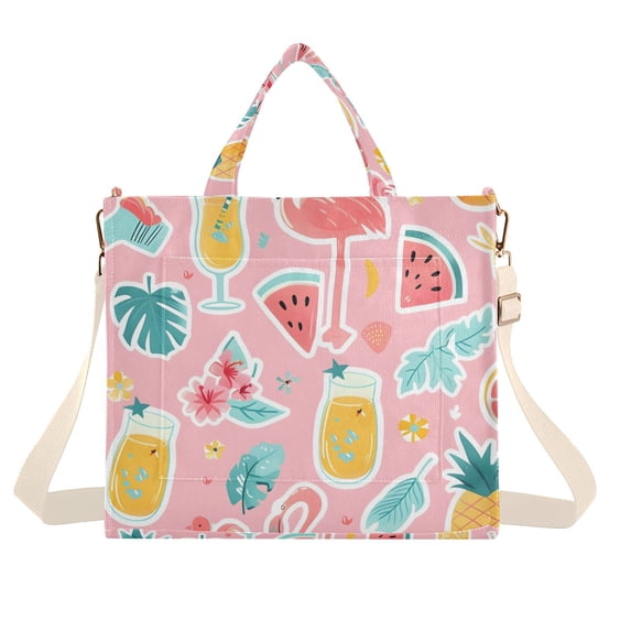 Fruit Flamingo Leaves Corduroy Tote Bag Handbag Large Messenger Bag Shoulder Crossbody Zipper Bag Purse