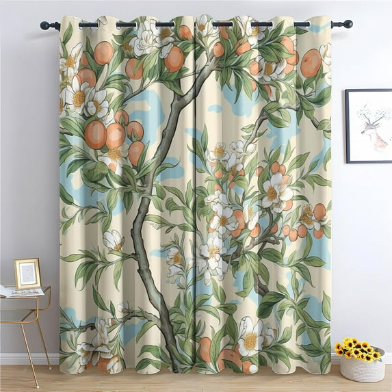 Fruit Floral Curtains, Green Leaf Flower Window Curtains, Chinoiserie Blackout Curtains, Thermal Grommet Drapes For Bedroom Living Room52"W x 96"L (Pack of 2)