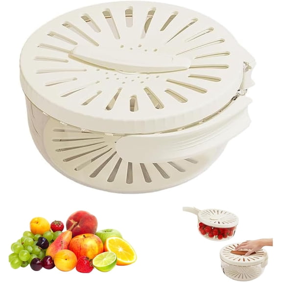 Fruit Fly Proof Bowl with Mesh Basket for Easy Cleaning, Fly Proof Basket Stackable Wooden Lid with Mesh, 2 in 1 Multifunctional Vegetable Washing Bowl