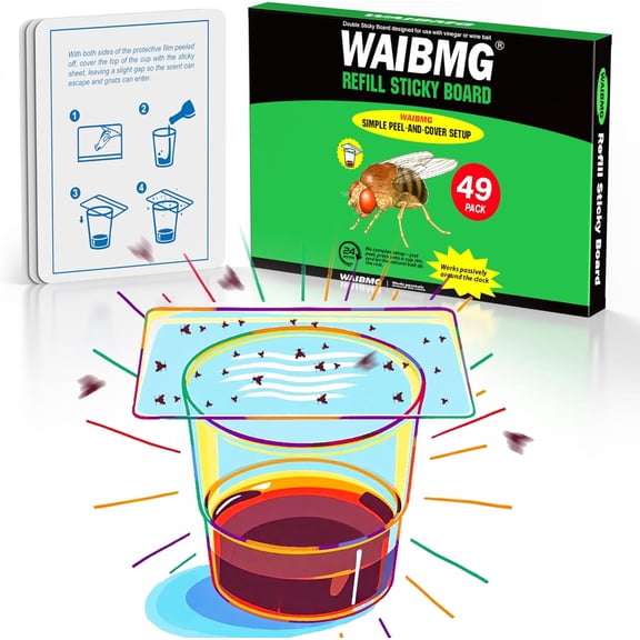 Fruit Fly Trap Covers, Double-Sided Sticky Adhesive Cards for Gnats, Fruit Flies, Moths, Kitchen Insect Control (49Pcs)