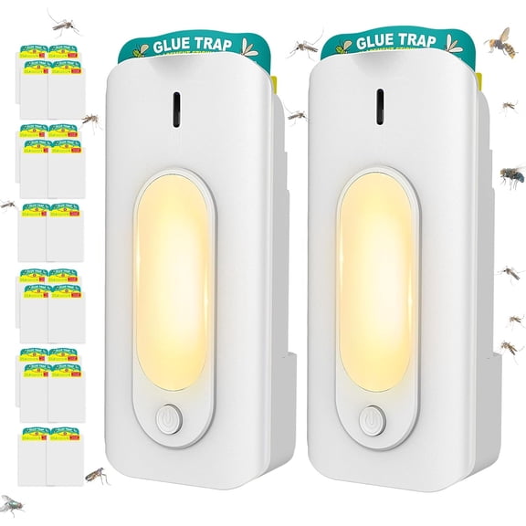 Fruit Fly Trap for Indoors-2PCS, 2 in 1 Fly Trap Indoor with Night Light for Home with 20 Refills, Gnat Traps for House Indoor, Plug-in Insect Trap for Gnats, Flies, Moths-White