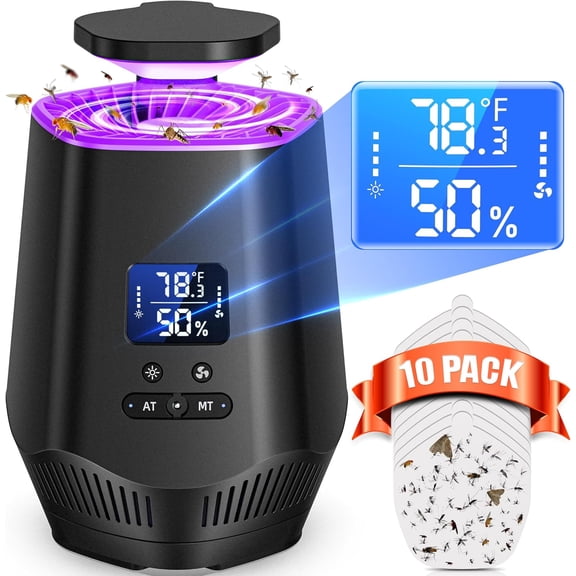 Fruit Fly Traps for Indoors, Smart Trap Indoor Bug Zapper Gnat House with Temperature and Humidity Sensor, 10PCS Sticky Boards Black