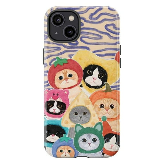 Fruit & Food Cats Phone Case, Cute Illustrated Kittens in Costumes iPhone Cover, Whimsical Colorful Protective Case for iPhone 16 15 14 13 12 11 Pro Plus Mini