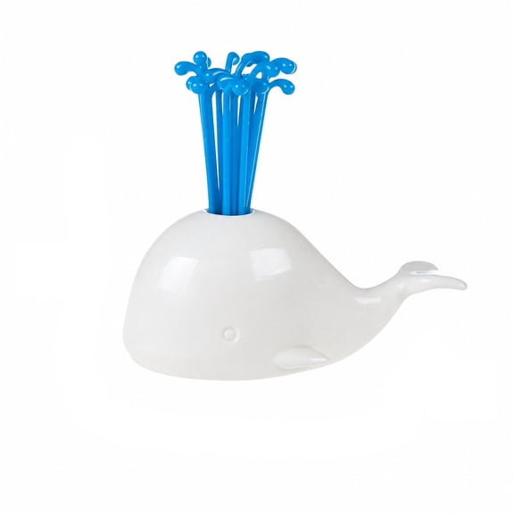 Fruit Fork Set, Whale Fountain Design Creative Snack Forks With 1 White Whale Holder Base And 16 Blue Food Forks For Kitchen Dining Party Dessert Table