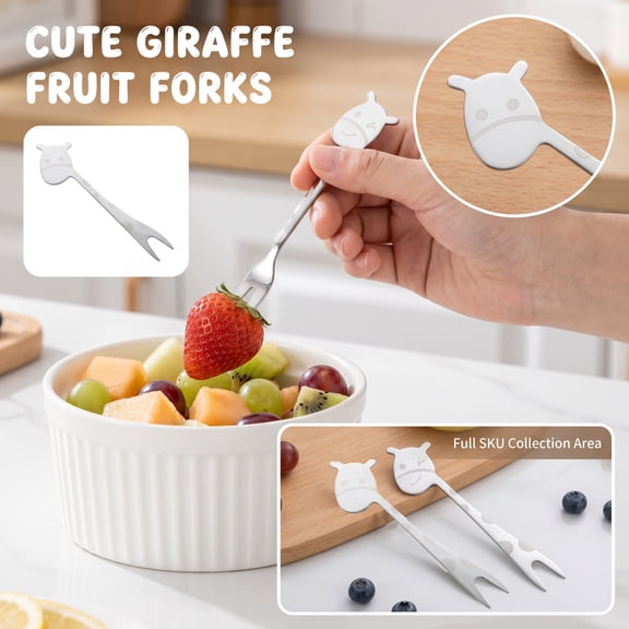Fruit Fork, Stainless Steel Utensils, Giraffe Animal Pick, Safe Snack Fork, 5 Inch Kids -Sized Two-Prong Polka Dot Silver -Grade Utensil for Self Feeding, Daily Fruit and Dessert