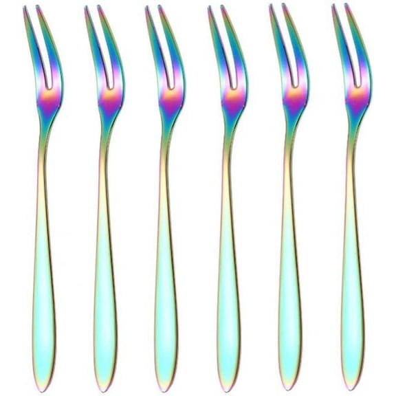 Fruit Forks 6pcs Stainless Steel Two-tine Fork Fruit Fork Set Tableware Multiple Use Snack Cake Dessert Forks Cafeteria Home Flatware (colourful6pcs)