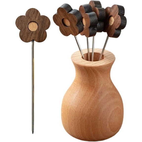 Fruit Forks Salad Forks Reusable Stainless Steel Flower Shaped Fruit Forks with Wooden Handle, Mini Cake Forks Tasting Appetizer Cocktail Forks Picks Small Dessert Food Picks Sticks with Vase