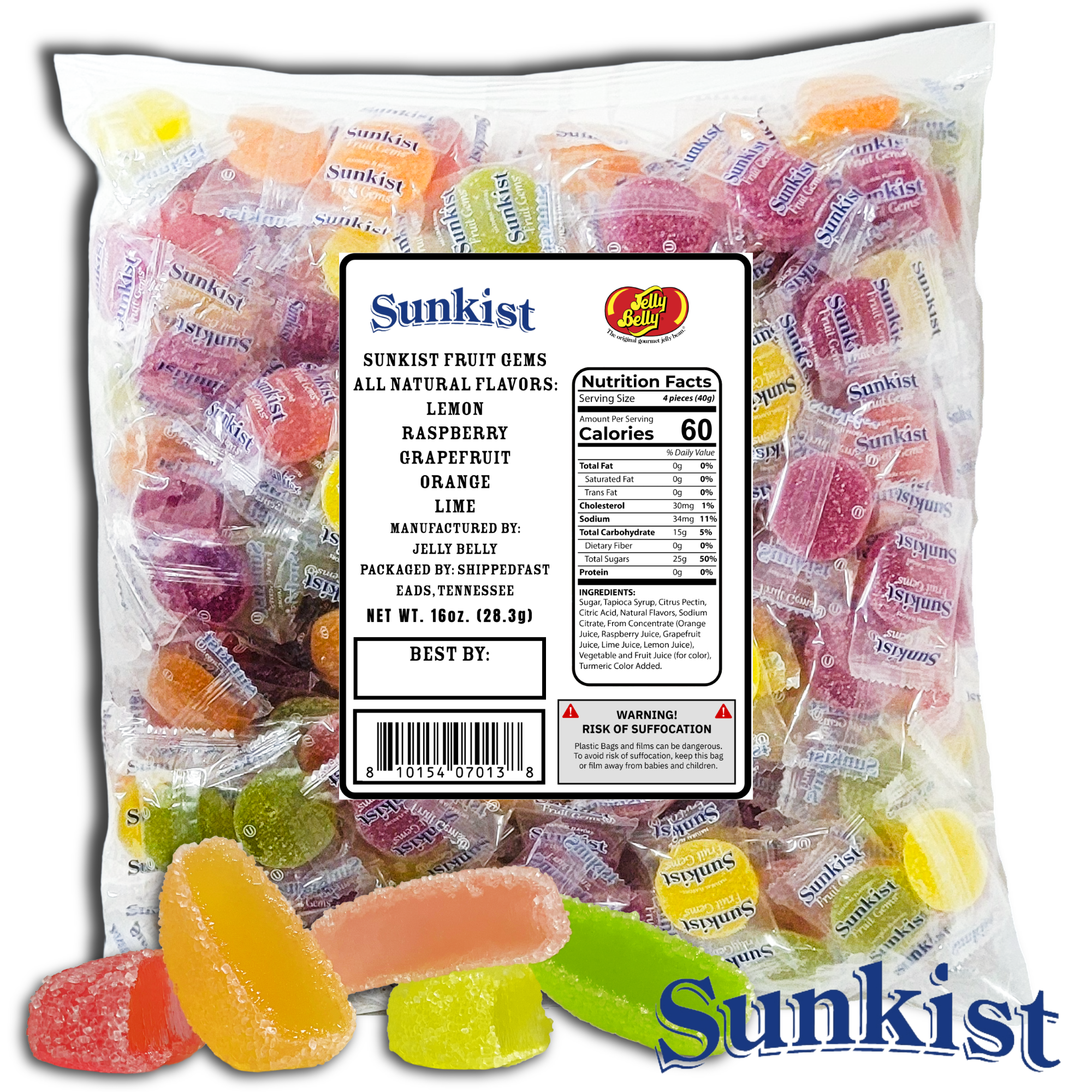 Fruit Gems. (1 Pound Bag) Sunkist. Natural Orange, Lemon, Raspberry, Grapefruit, and Lime Flavor. Crafted with Natural Ingredients. 1lb
