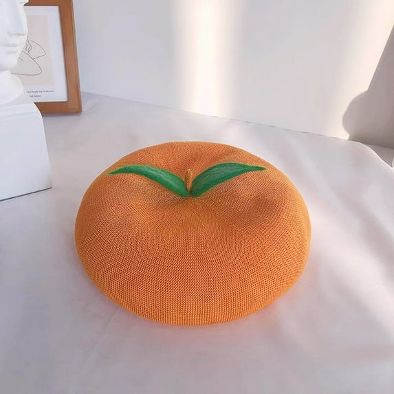Fruit Girl Novelty Cute Orange Peach Pink Beret Green Leaves Breathable Knit Painter Hat Creative Gift (orange,55-58cm adult)