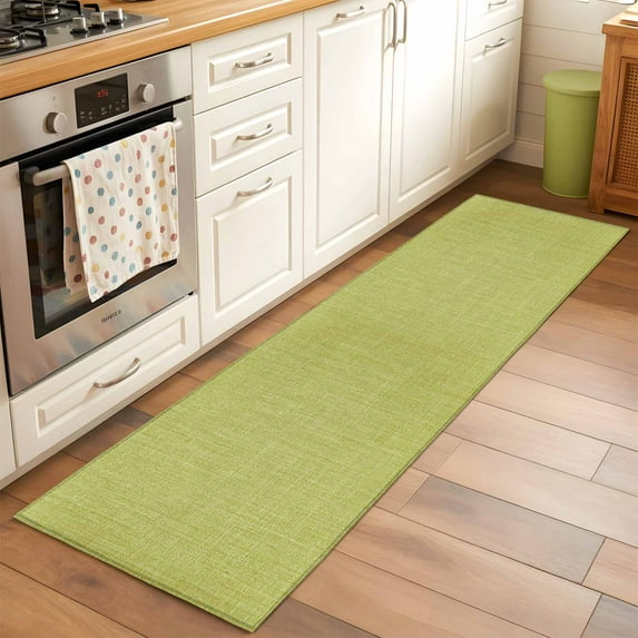 Fruit Green 2x6 Kitchen Runner Rug, Farmhouse Burlap Solid Green Color Modern Linen Texture Non-Skid Rubber Backing Large Area Rugs - Living Room Bedroom Office, Indoor Floor Carpets Washable Rug