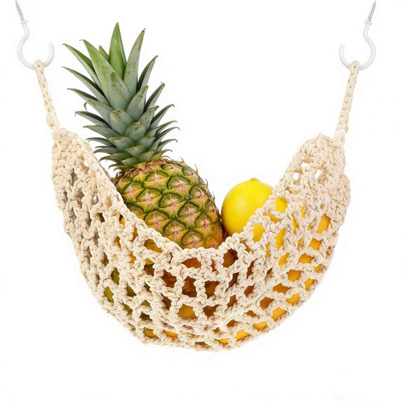 Fruit Hammock Under Cabinet, Hanging Fruit Basket Handwoven Cotton Macrame Basket Boho Decor Storage Save Counter Space for Home Camper RV (Beige)