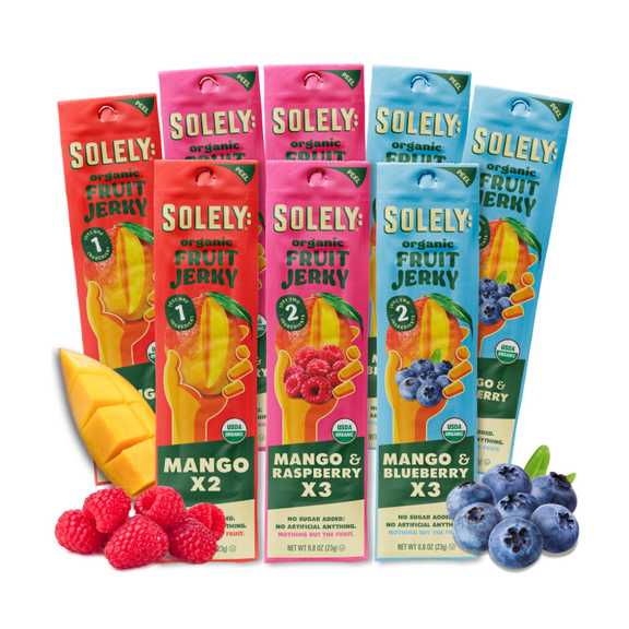 Fruit Jerky Solely Variety Pack 8 Total Strips Mango, Mango & Raspberry, Mango & Blueberry Naturally Sweet Fruit Snack Assortment | Bundled by Mix It Up Munchies & More | Great healthy gift