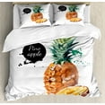 thumbnail image 1 of Fruit King Size Duvet Cover Set, Pineapple Design Tropical Aquerelle Hawaii Foliage with Color Splashes, Decorative 3 Piece Bedding Set with 2 Pillow Shams, Brown Reseda Green Black, by Ambesonne, 1 of 3