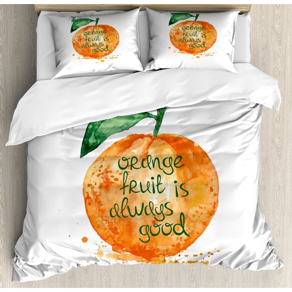 Fruit King Size Duvet Cover Set, Watercolor Style Brush Strokes Orange is Always Good Quote Healthy Life Design, Decorative 3 Piece Bedding Set with 2 Pillow Shams, Green and Orange, by Ambesonne