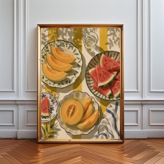 Fruit Kitchen Wall Art Print Vintage Summer Still Life Poster, Watermelon Melon Decor, Colorful Botanical Artwork Mediterranean, Poster Only