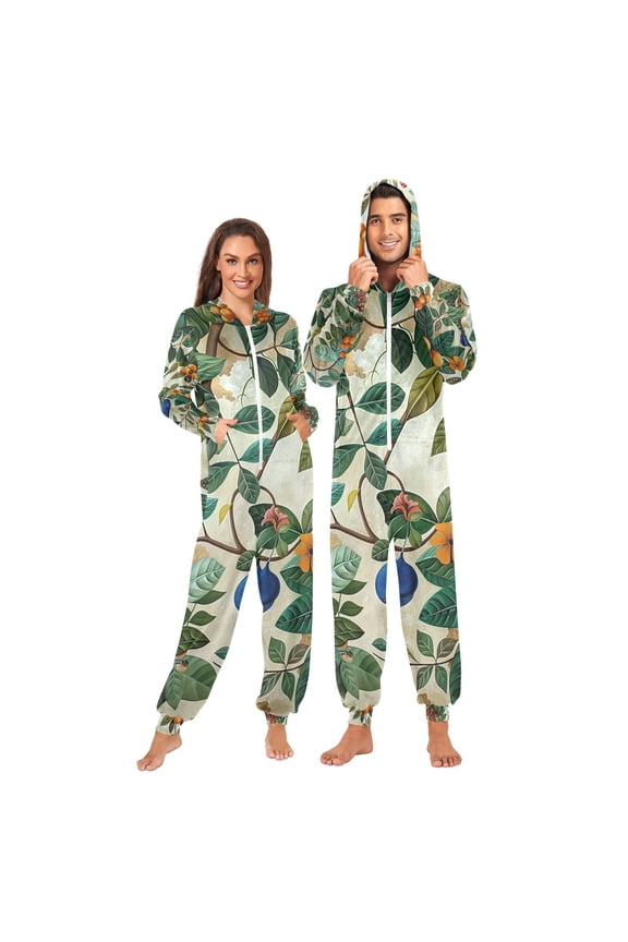 Fruit Leaves Adult Onesie Pajamas Slim Fit Christmas One Piece Suit Pjs for Women and Men Hooded Zipper