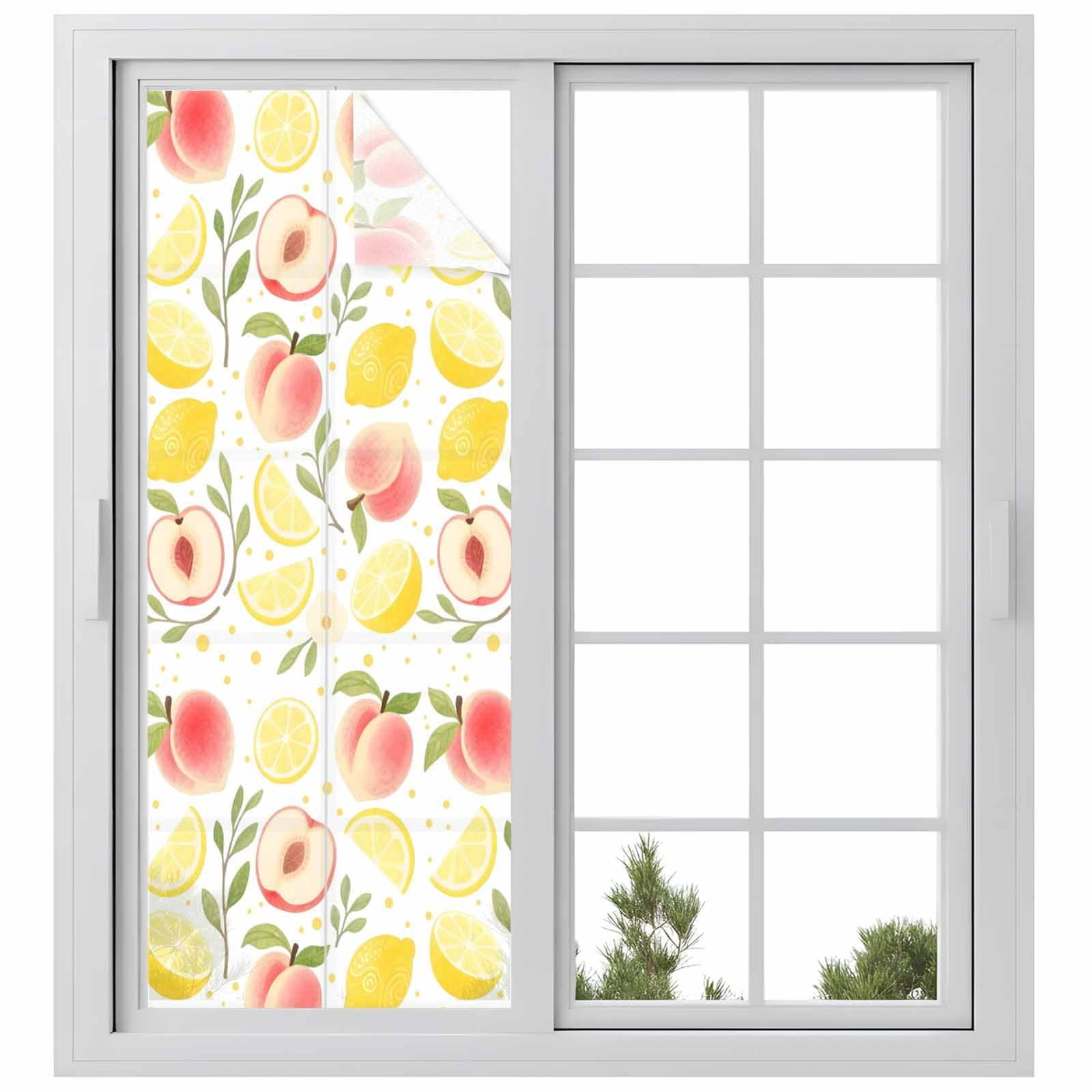 Fruit Leaves Window Privacy Film, Pink Peaches Yellow Lemons Summer Plant Frosted Glass Window Clings Static Cling UV Heat Blocking Reusable Door Sticker for Bathroom 23.6 x 59 Inch