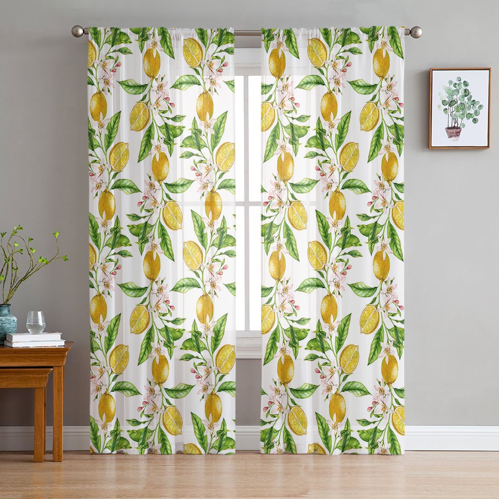 Fruit Lemon Flower Watercolor Art Sheer Curtains for Living Room ration ...