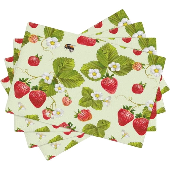Fruit Linen Placemats Set of 4 Strawberry Plants Flowers Placemats for Indoor Outdoor Party Home Desktop Kitchen Dining Room Decor 12x18 Inch