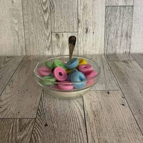 Fruit Loops Cereal Scented Wickless Candle In A Clear Glass Bowl With Spoon