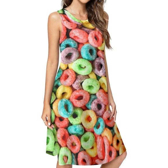 Fruit Loops Spring Summer Dresses for Women Fashion T-shirt Dress Casual Sleeveless Loose Sundress with Pockets