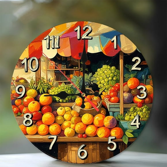 Fruit Market Clock Wall Decor Vintage Style 10-Inch Silent Wooden Wall Clock, Battery Operated (AA Batteries Not Included), Artistic Home Decor