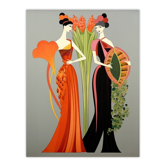 Fruit Market Fashion Stylised Conceptual Painting Elegant Women with Produce Baskets Large Wall Art Poster Print Thick Paper 18X24 Inch