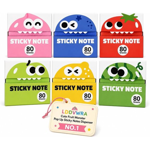 Fruit Monster Sticky Notes Dispenser, Transparent Pull-Out, 6-Pack