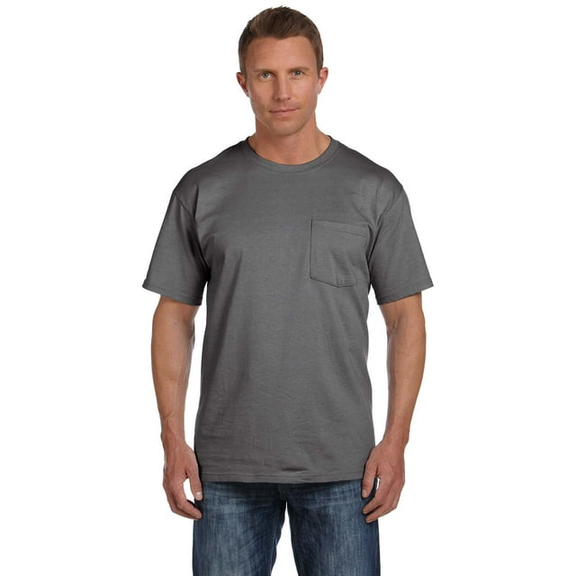FRUIT OF THE LOOM 3931P ADULT 5 OZ. HD COTTON POCKET T-SHIRT, Charcoal Grey, XL, Pack Of 4, Mens Workout Shirts