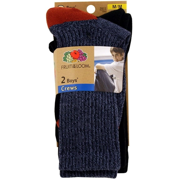 Fruit Of The Loom Boys 2 Pack Soft Rugged Crew Socks, M, Navy