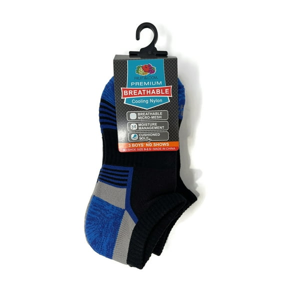 Fruit Of The Loom Boys Breathable 3 Pack No Show Socks, 7-8.5, Black Assorted 1
