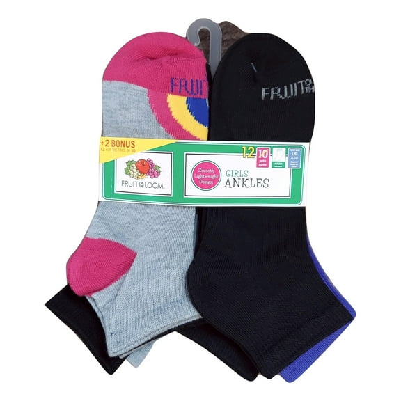 Fruit Of The Loom Girls Ankle Socks, 10+2 Bonus Pack