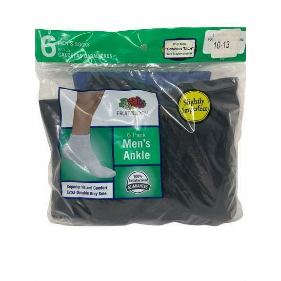 Fruit Of The Loom Men's Ankle Socks Slightly Imperfect 6 Pack Black 10-13