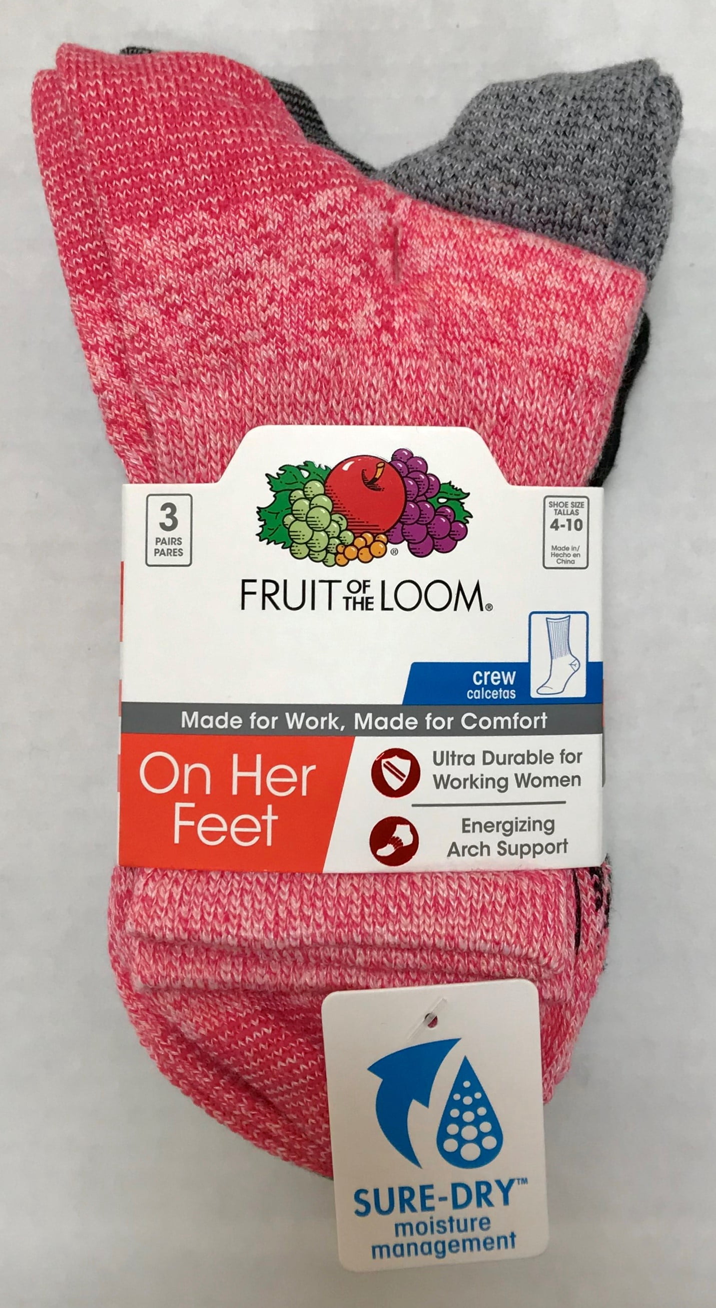 Fruit of the Loom 3 Pack Poly Crew Socks, Pink Assorted, Sizes 4-10 and ...