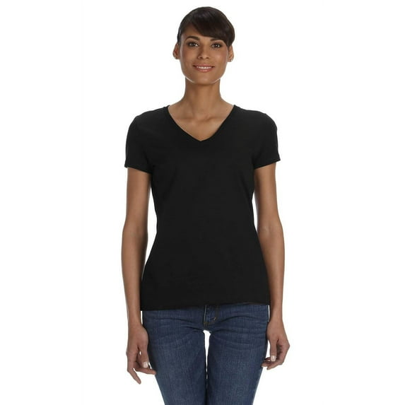 The Fruit of the Loom Ladies 5 oz HD Cotton V-Neck T-Shirt - BLACK - S