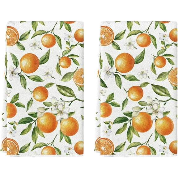 Fruit Orange Summer Kitchen Towels Dish Towels, 18x26 Inch Farmhouse Flowers Decoration Hand Towels Set of 2