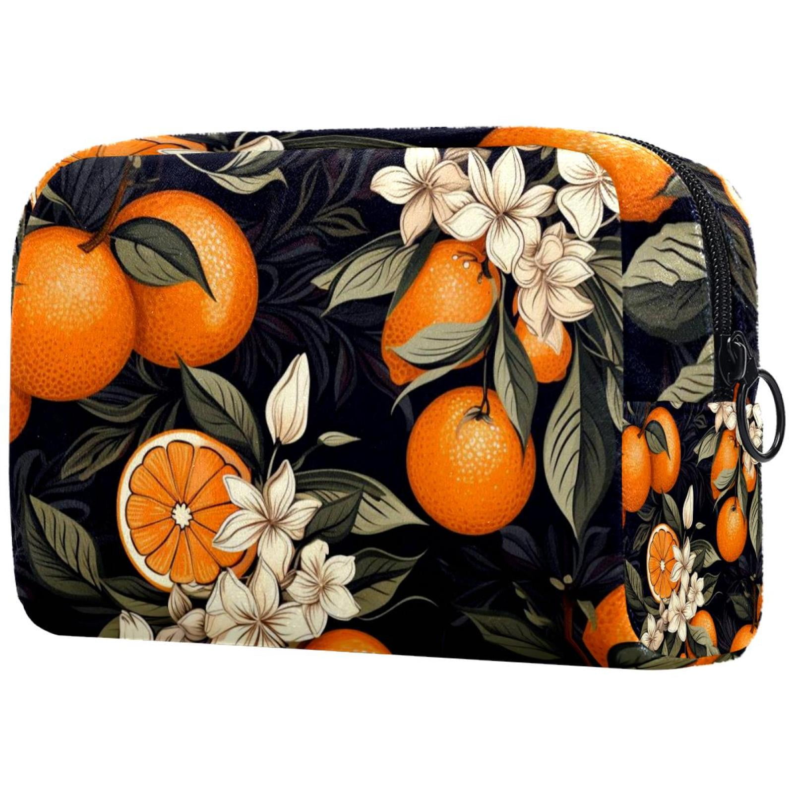 Fruit Oranges with Flowers Pattern Women’s Cosmetic Bags, Large