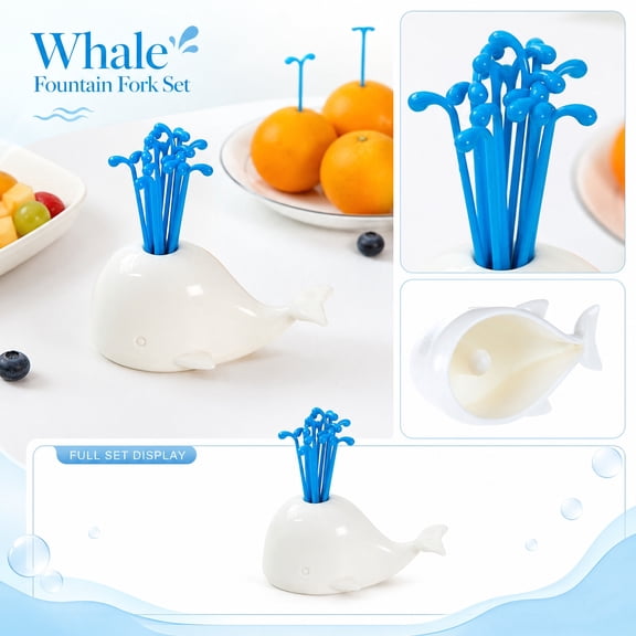 Fruit Party Decorations, Ocean Birthday Party Decorations, Appetizer Skewers, Kitchen Utensils Holder, 4X2X4 Inch Compact Whale Fruit Fork Organizer, 1 Base and 16 Stylish Forks,