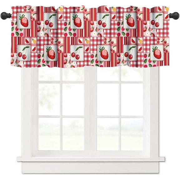 Fruit Patchwork Curtain Valance, Red Strawberry Cherry Buffalo Plaid Short Rod Pocket Window Treatment for Kitchen Dining Bedroom Living Room Resturant Cafe Home Decor, 54x18Inch