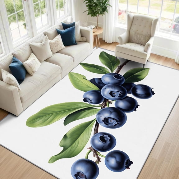 Fruit Pattern Area Rugs, Blueberry Leaf White Carpet, Washable Non Slip Low Pile Soft Rug for Living Room Bedroom Decor Mat 2x3ft