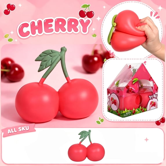 Cherry Squeeze Soft Slow Rebound Novelty Fidget for Stress Relief Relaxing Fruit Desktop Decor, 6 Inch