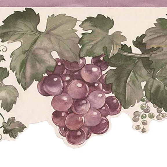 Fruit Pattern Wallpaper Border Grapes Leaves Cream Green Purple 15 Ft x 7.5 In