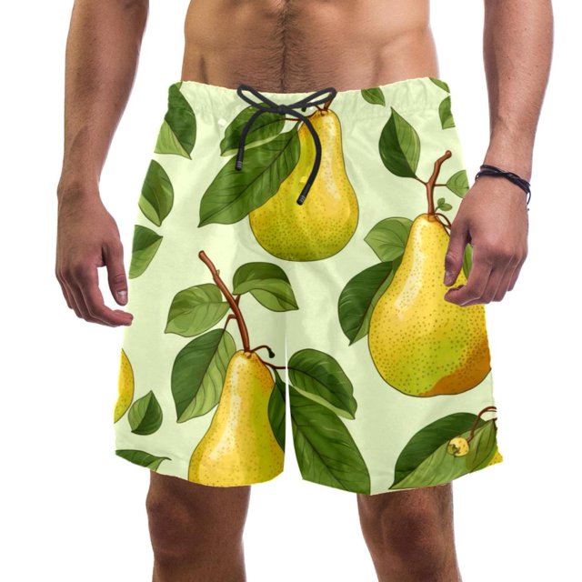Fruit Pear Men Beach Shorts with Elastic, Casual Drawstring Volleyball Board Shorts